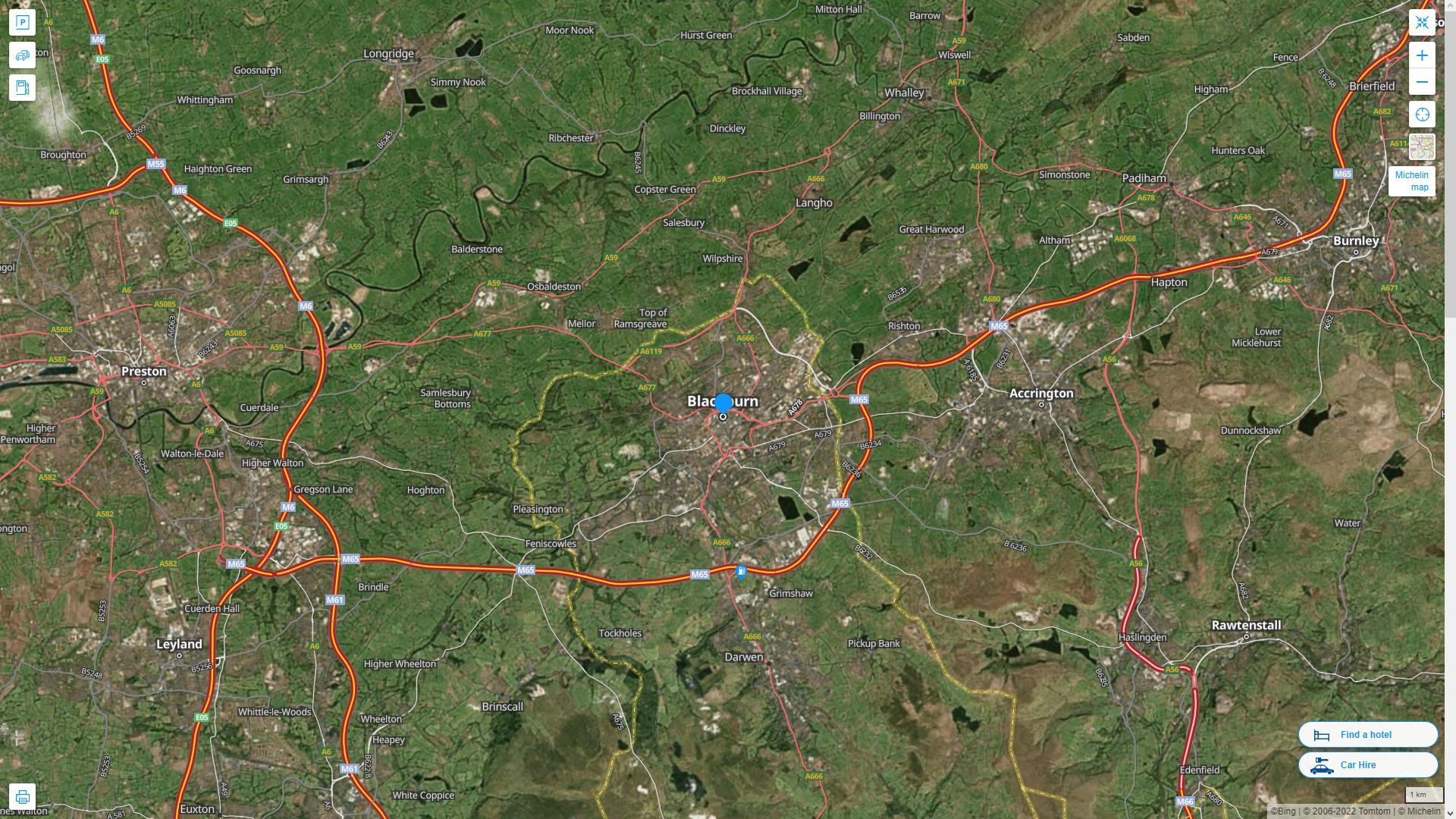 Blackburn Royaume Uni Autoroute et carte routiere avec vue satellite